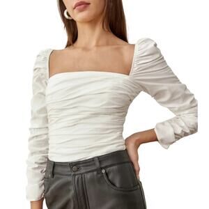Reformation White Ruched Square-Neck Long-Sleeve Top